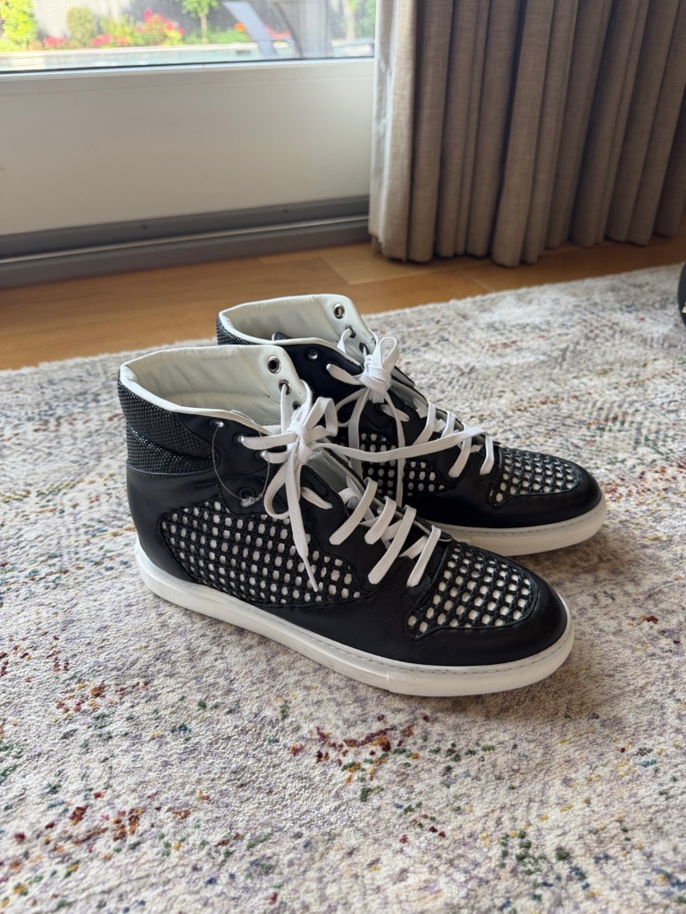 Black and White High-Top Sneakers with Woven Detail
